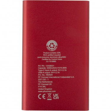 Logotrade promotional merchandise picture of: Pep 4000 mAh Type-C recycled aluminium power bank 
