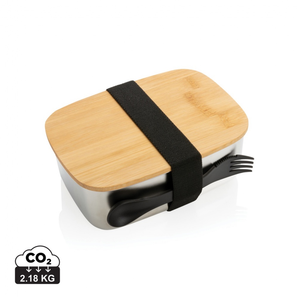 Logotrade promotional gift picture of: Stainless steel lunchbox with bamboo lid and spork