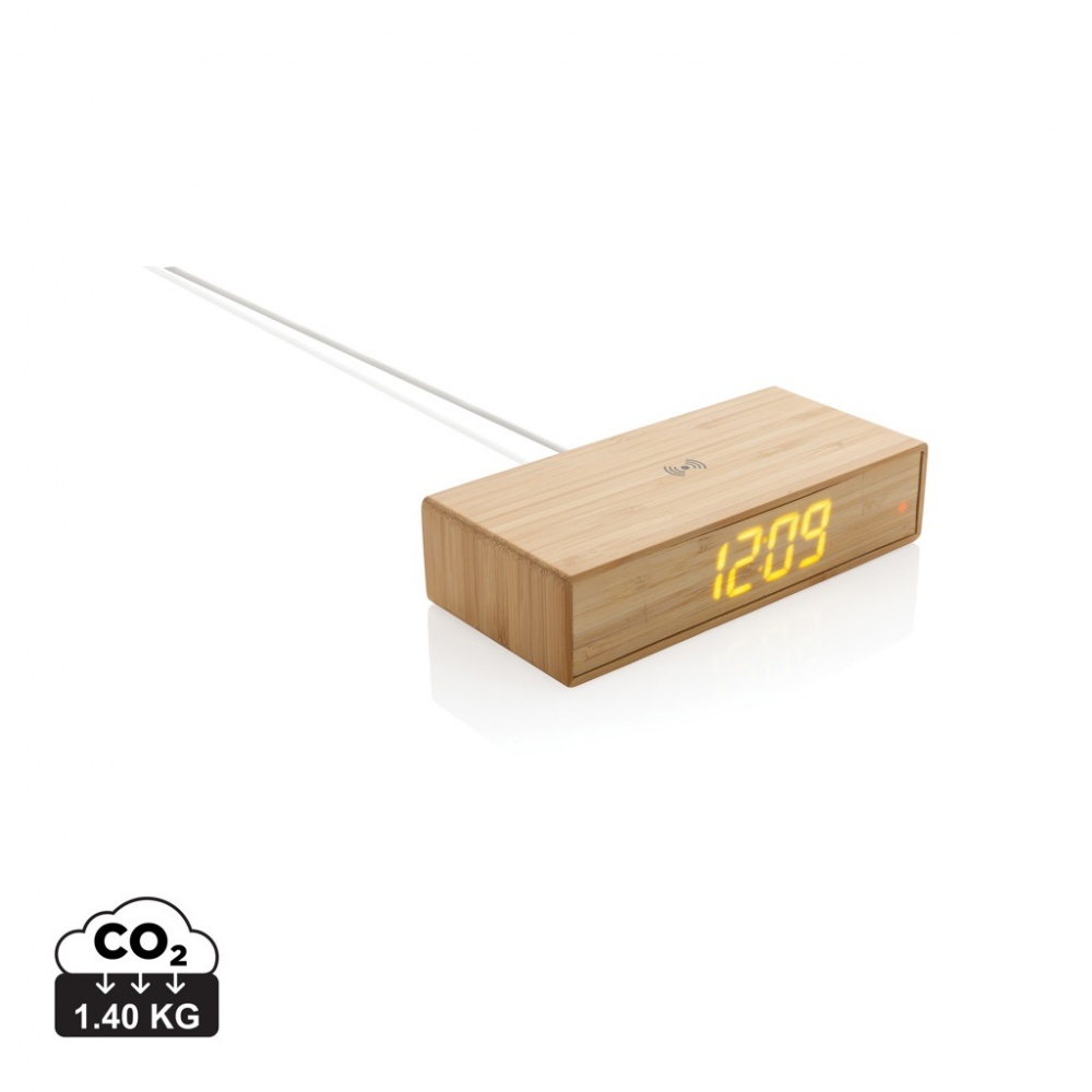Logo trade advertising products image of: Bamboo alarm clock with 5W wireless charger