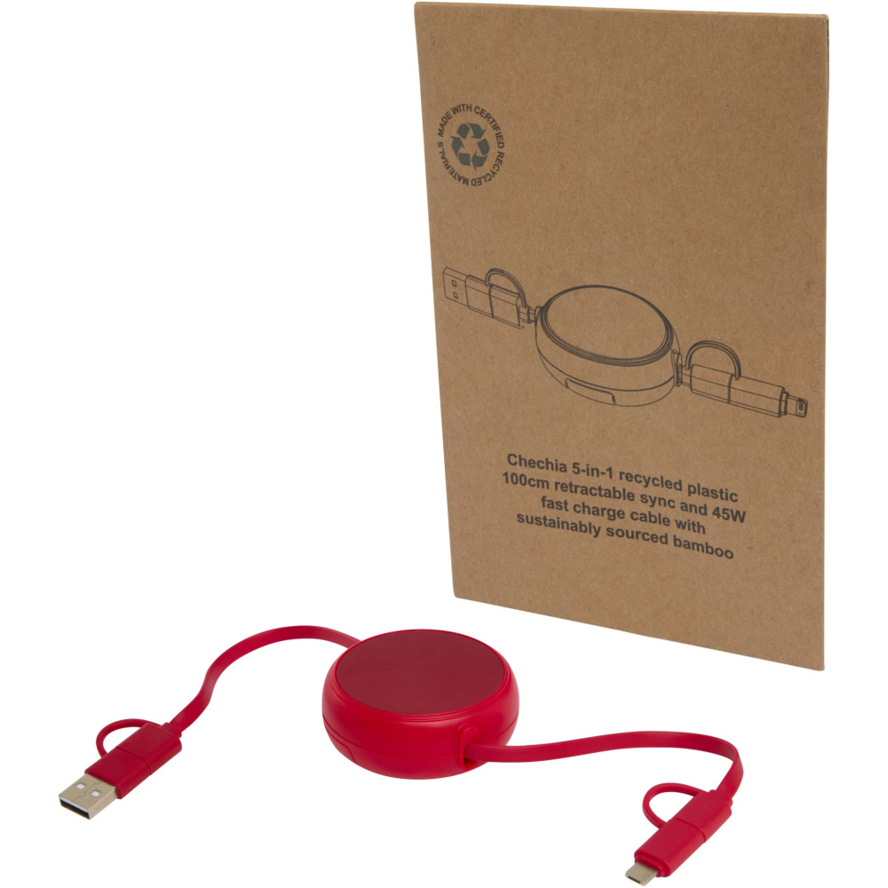 Logotrade promotional item image of: Alasia 5-in-1 100 cm recycled plastic and aluminium retractable data sync and 45W fast charge cable