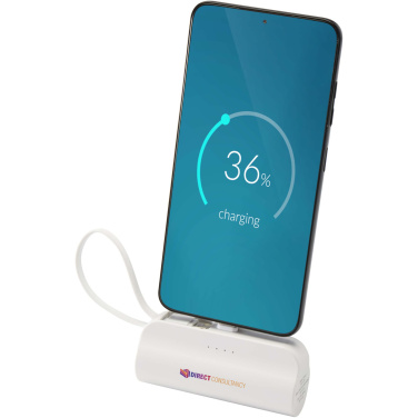 Logo trade advertising product photo of: Alnair 5000 mAh 10W recycled plastic Type-C power bank with built-in flip stand and 2-in-1 cable